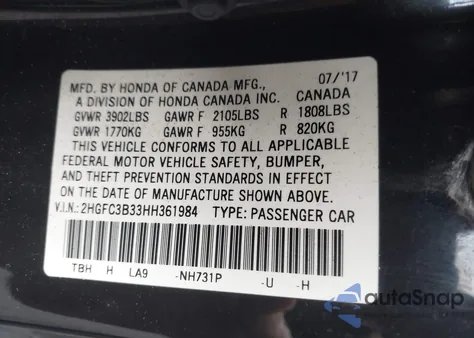2017 Honda Civic Ex-T from USA, damaged, VIN 2HGFC3B33HH361984